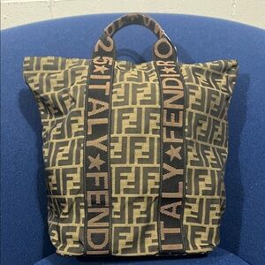 Fendi Brown and Black Zucca Logo Canvas Tote with Branded Webbing